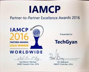 Certificate - IAMCP 2016, Partners Award, Gold Winner, Worldwide | Awards | TechGyan - Cloud Changes Everything